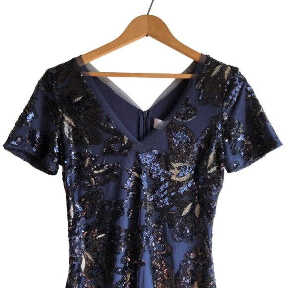 Badgley Mischka Sequin Dress Size 2 Blue Floral - Picture 3 of 15